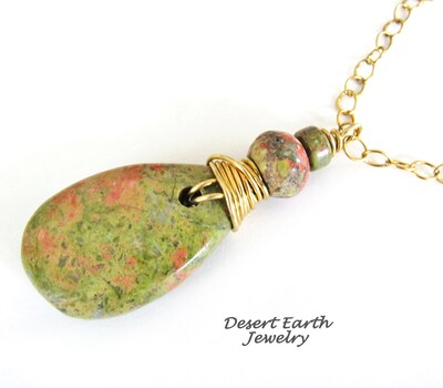 Unakite Stone Necklace on Brass Chain - Pink Green Gemstone Pendant - Handmade Wire Wrapped Stone Jewelry - image3